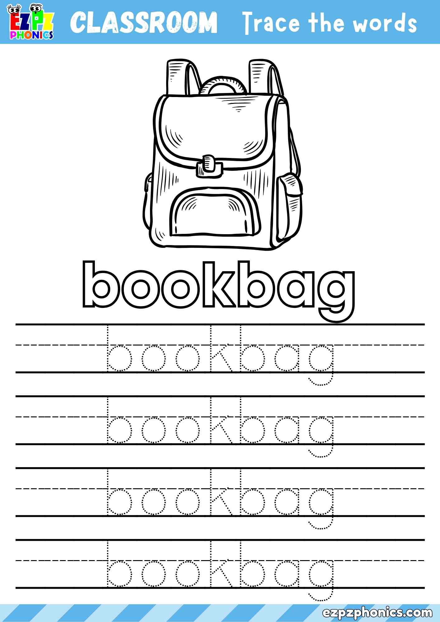 Bookbag - Classroom Objects Vocabulary Word Tracing Activity - Color the Bookbag and Trace the Word Bookbag (Free PDF Download)